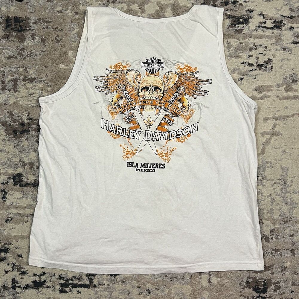 VTG Harley Davidson Isla Mujeres Mexico Skull Dagger White Tank Top Shirt Sz XL